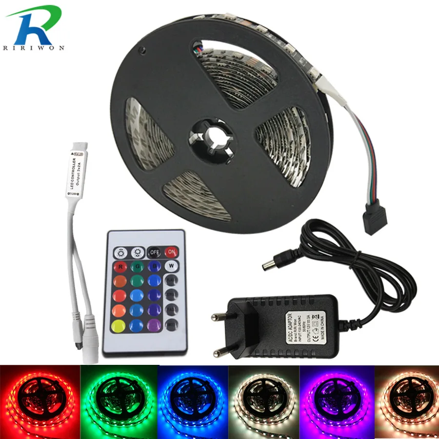 

5M Black RGB LED Strip DC 12V SMD 5050 Not Waterproof Flexible Tape Ribbon Colorful Rope Light String Lamp+LED Controller+Power