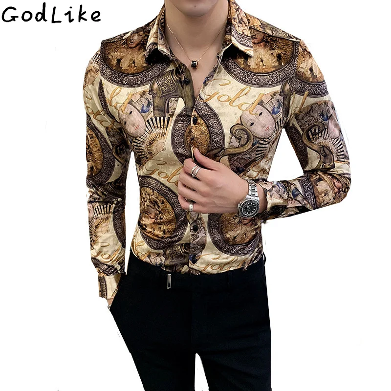 

2019 New European and American style men's winter new thick gold velvet long-sleeved shirt men's nightclub social flower shirt