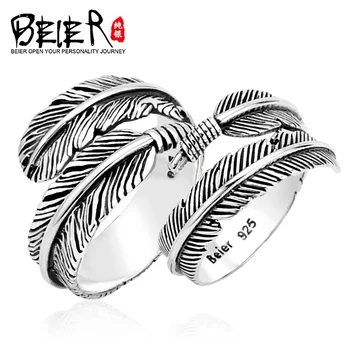 

Beier new store arrive silver color feather ring for women/men big/small high quality open wedding jewelry LBR-SR011