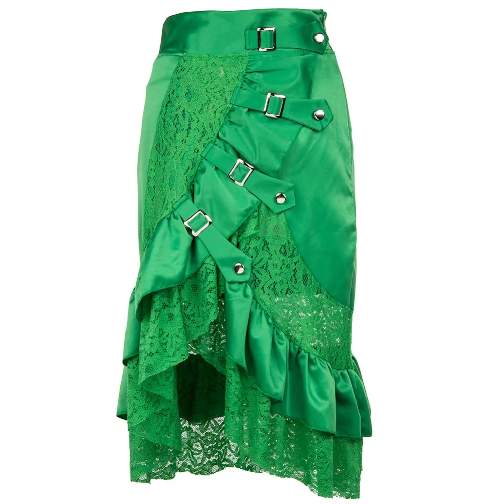 

Punk Green Front Buckled Inelastic Waist Ruffle Satin and Floral Lace Asymmetrical Mermaid Skirt Gothic Skirts Womens Plus Size