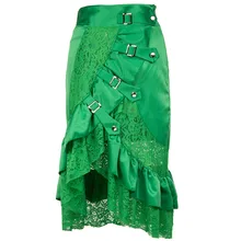 Punk Green Front Buckled Inelastic Waist Ruffle Satin and Floral Lace Asymmetrical Mermaid Skirt Gothic Skirts Womens Plus Size Punk Green Front Buckled Inelastic Waist Ruffle Satin and Floral Lace Asymmetrical Mermaid Skirt Gothic Skirts Womens Plus Size