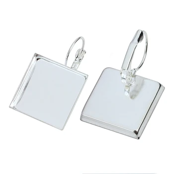 

10pcs 16 20 25mm Earring Hooks Silver Color Square Cabochon Cameo Tray Settings Earring Black Base for DIY Jewelry Supplier