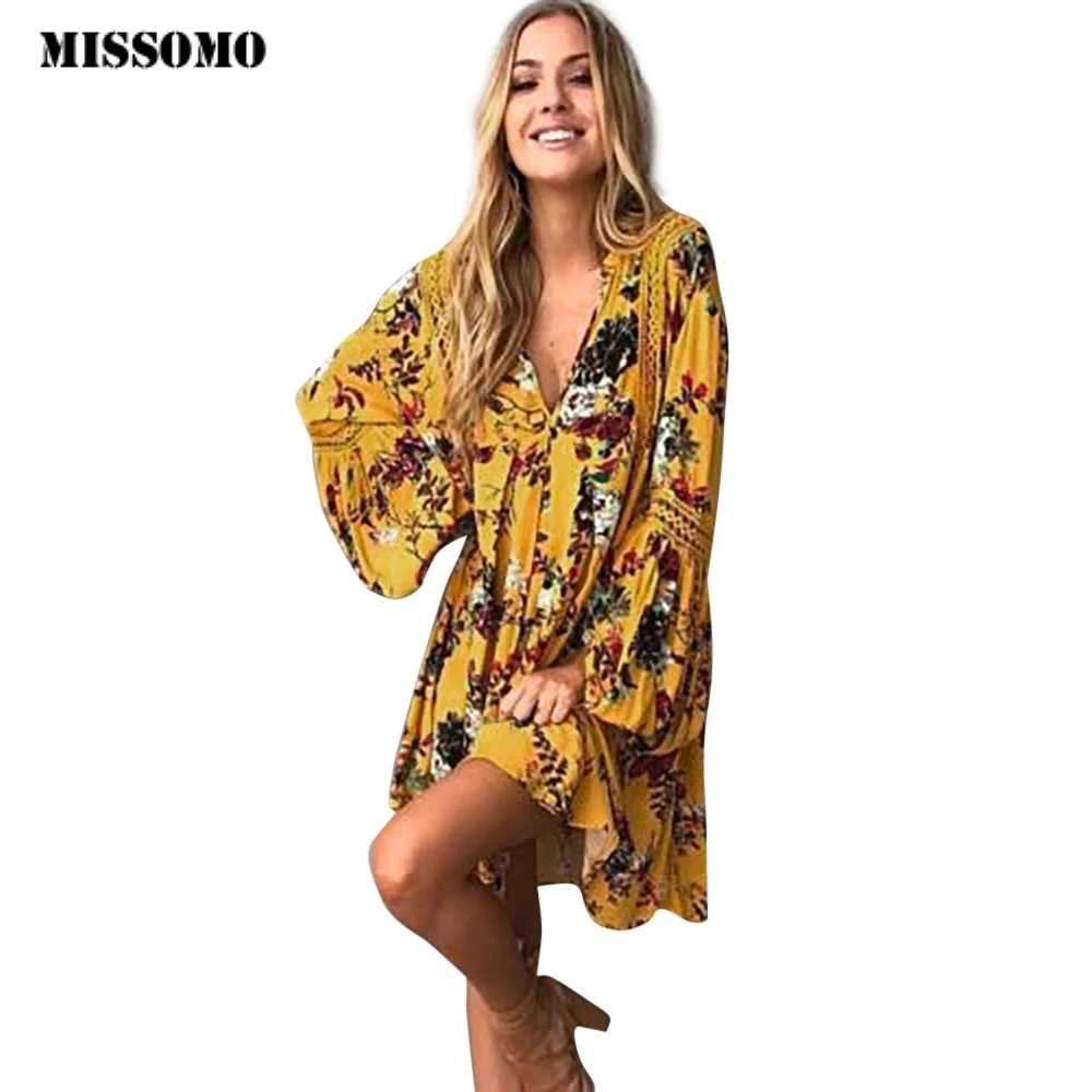 

MISSOMO Women Dress Boho Floral Long Maxi Beach Mini Dress Sundress Sundress Yellow beach dresses summer dress 2019 vestidos