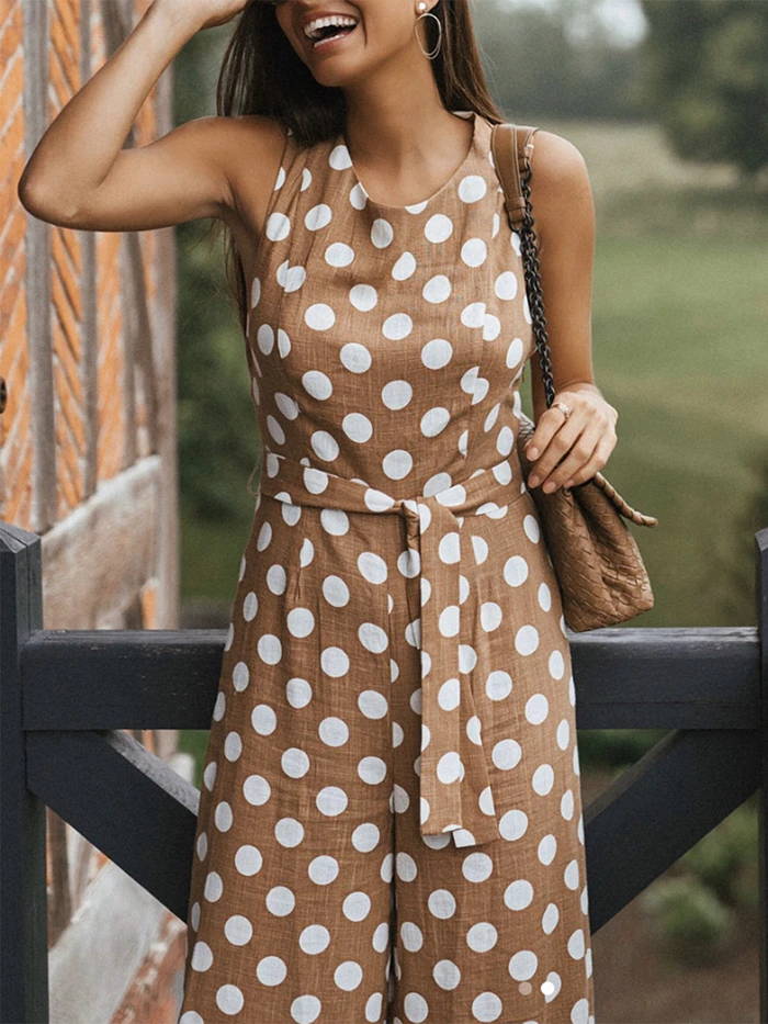 

Casual Dot Sleeveless Slash Neck Full Rompers Women Jumpsuits Streewear Spaghetti Strap Backless Sashes Rompers Summer Jumpsuit