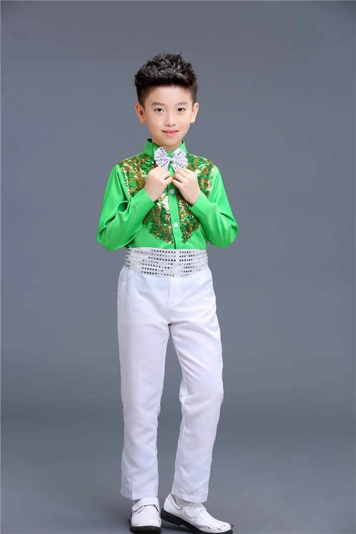 Рубашка+ штаны+ ремень+ Галстук для маленьких мальчиков, расшитые блестками, вечерние костюмы для свадьбы, танцевальные костюмы, цветные костюмы для танцев, костюмы для бальных танцев - Цвет: Зеленый
