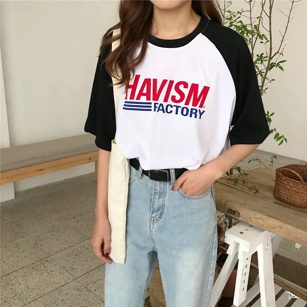 

Summer letter Printed Women O-Neck T-shirts harajuku Loose casual Female T shirt Korean Style black with white Breathable Tops