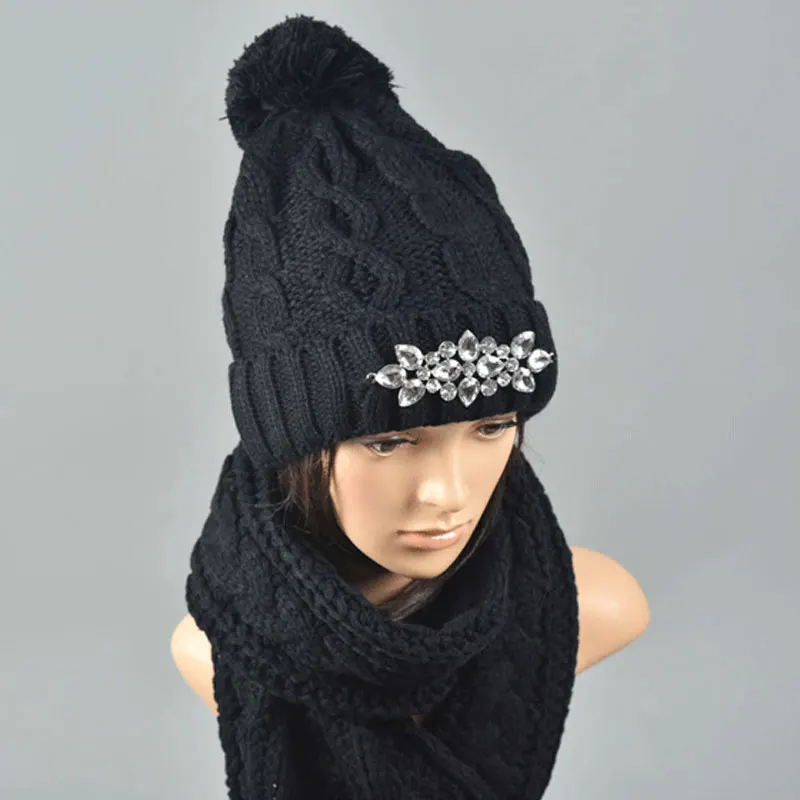 CIVICHIC, Высококачественная зимняя вязаная шапка, перчатка, шарф, комплект из 3 предметов, Женская утолщенная вязаная шапка с помпоном, головные уборы, перчатки, теплая шаль, SH110 - Цвет: HatScarf