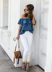 Удобные элегантные блузки с оборками на рукавах повседневные джинсы синие джинсовые s повседневные женские летние классические