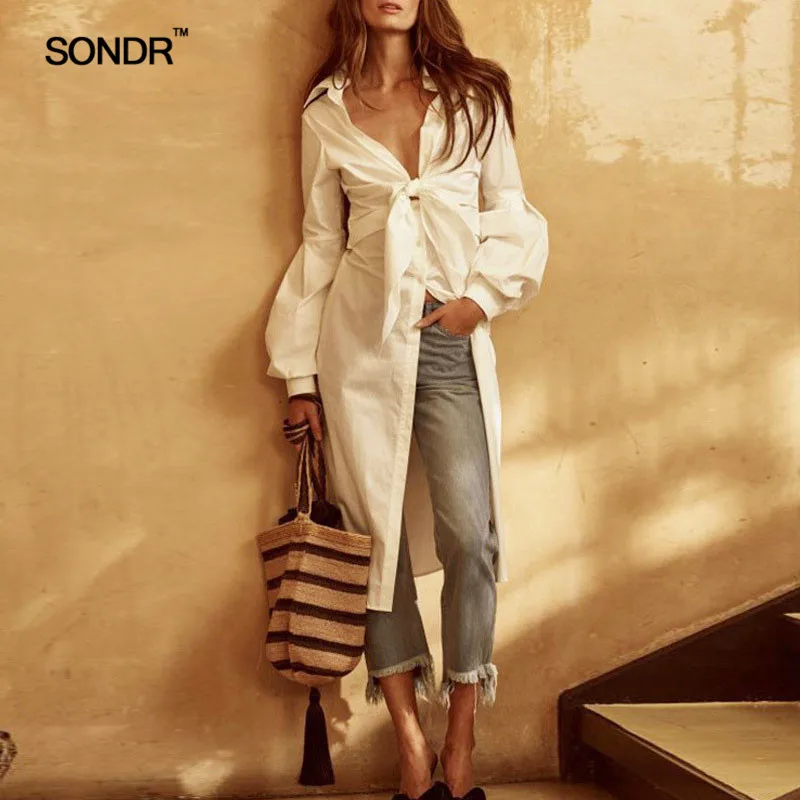 

SONDR 2019 Spring Womens Shirts Blouse V Neck Lantern Long Sleeve Bow Lace Up Tops Female Elegant Fashion Clothing New
