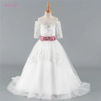 

Ivory Flower Girl Dresses For Weddings Ball Gown Half Sleeves Tulle Lace Bow First Communion Dresses For Little Girls