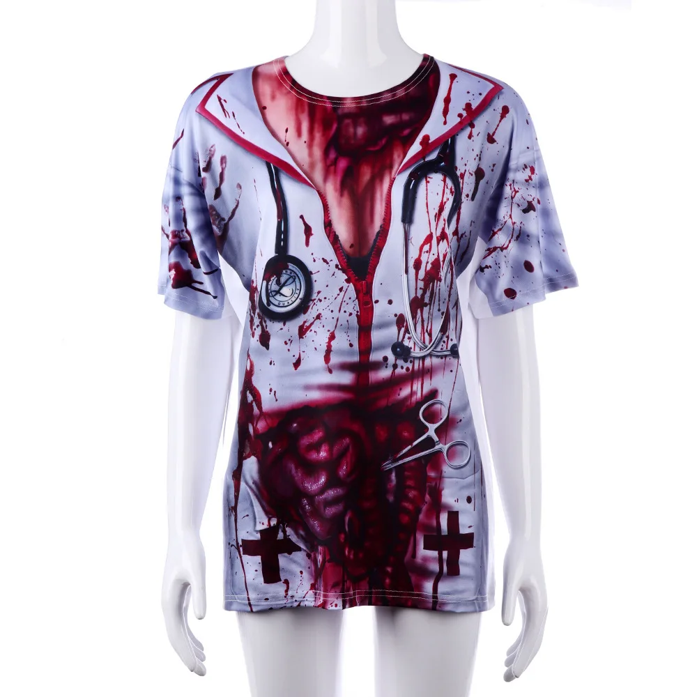 

Halloween Blood Terror Zombie Nurse Costumes Sexy Walking Dead Cosplay t-shirt for women