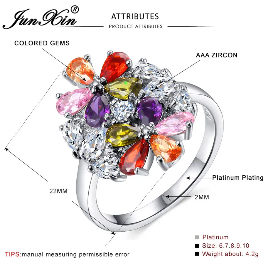 JUNXIN, роскошное кольцо с большим радужным цветком, бохо, Женское кольцо для вечеринки, кольцо для помолвки, кольца для женщин, обручальное кольцо, модное ювелирное изделие