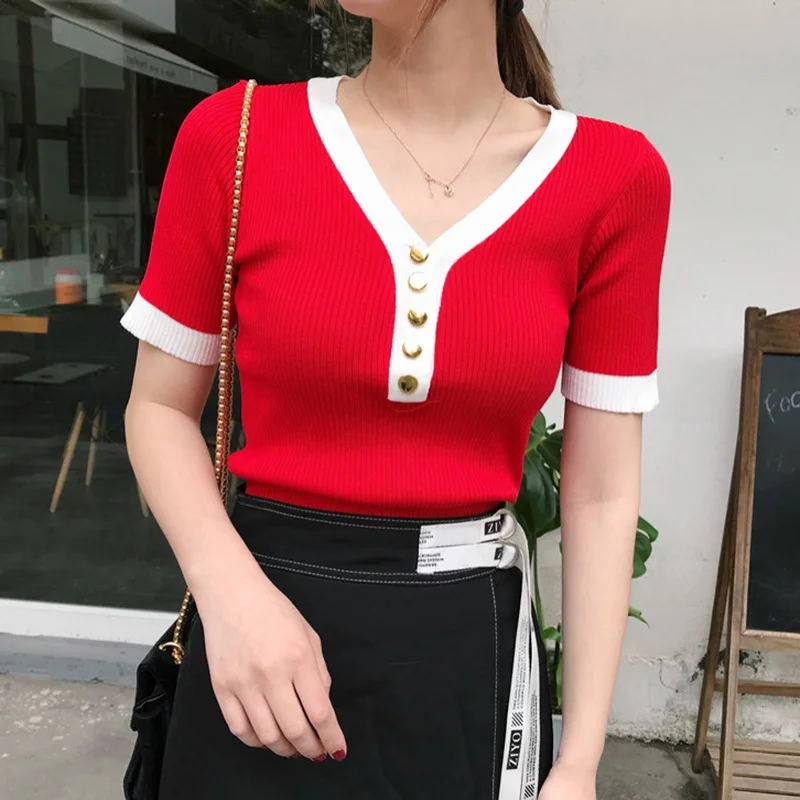 

Women Short Sleeve T Shirt Casual V Neck Knitted Tops Female Metal Button T-shirt Elastic Waist Tops