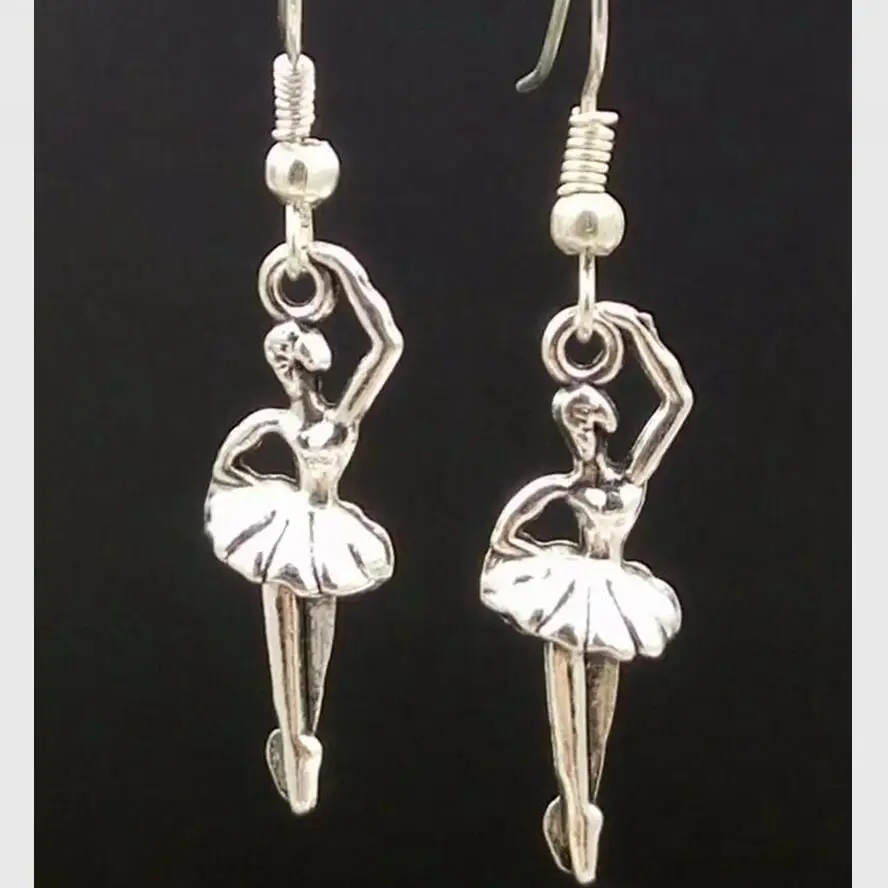 

10Pair/lot Ancient Silver Dancing ballet girl Charm Dangle Earring For Women With Gift Box DIY Findings Jewelry Q84