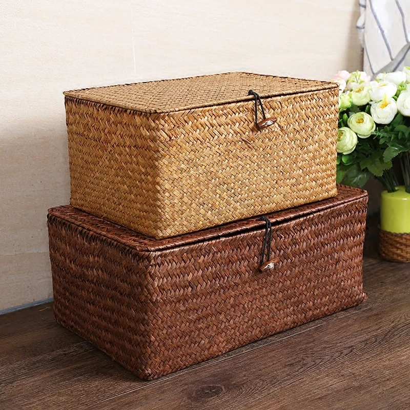 Manual Woven Storage Basket Lid Debris Consolidation Storage Box Storage Basket Sorting Box Jewelry Box H