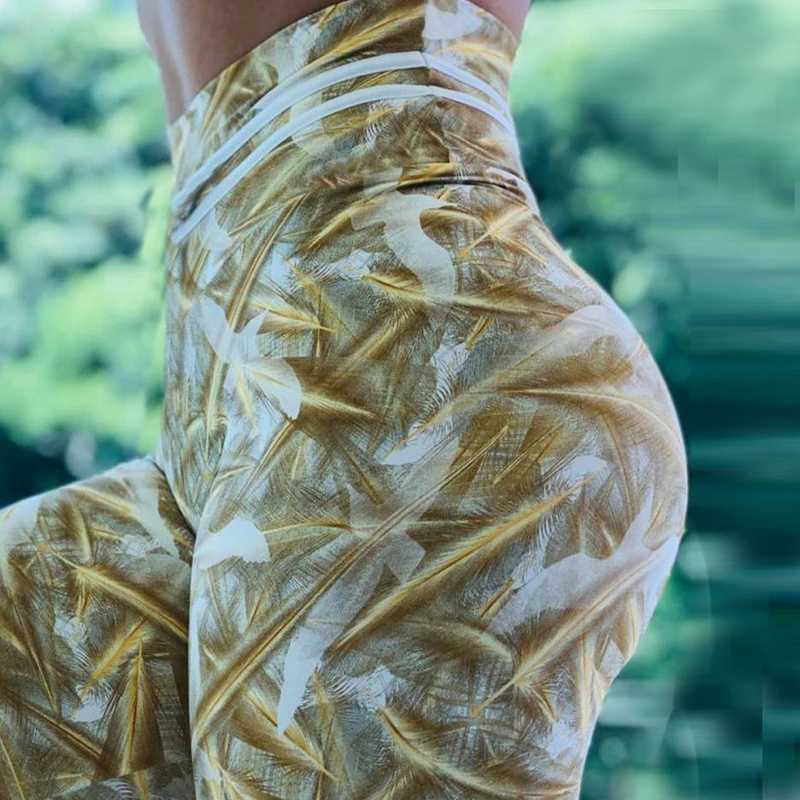 

2019 Sexy Women for fitness leggings Fashion Summer Sporting Golden Feather Printing Pants High Waist Pants Workout Legging
