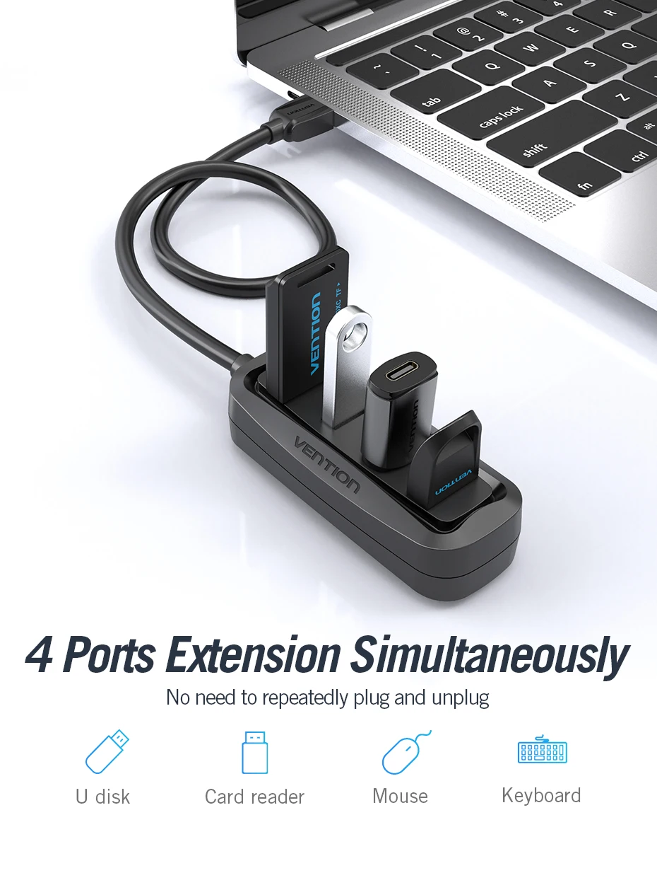 Адаптер-переходник Vention USB док-станция USB 2,0 концентратор 4 Порты и разъёмы USB разветвитель с Светодиодный индикатор USB HUB для Macbook Pro PC компьютер ноутбук планшеты концентратор Мульти USB hab