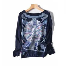 Шелковая Женская модная футболка с принтом, пуловер, футболки с круглым вырезом, длинный рукав, темно-синий M/L, розничная