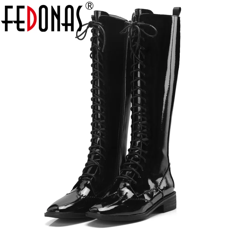 

FEDONAS Fashon New Brand Patent Leather Knee High Boots High Heels Lace Up Motorcycle Boots Female Long Winter Shoes Woman