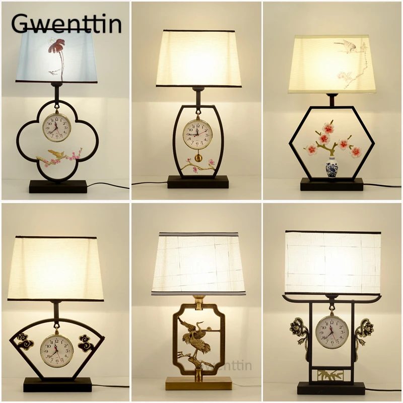 

Chinese Style Classical Table Lamps with Clock Vintage Fabric Led Stand Desk Lights for Home Decor Bedroom Bedside Bird Lamp