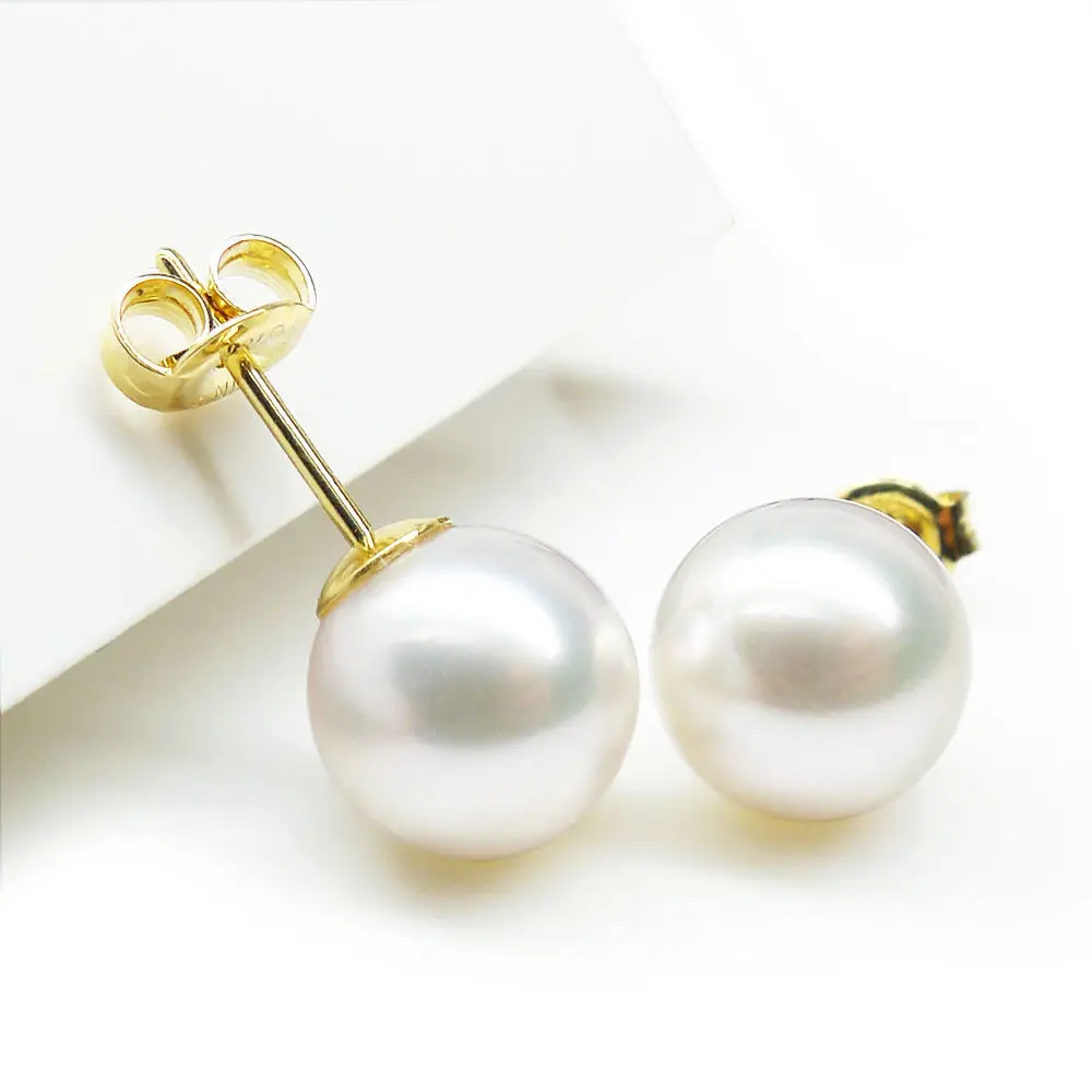 

TOP QUALITY! AA 9.5 MM JAPANESE AKOYA PEARL 18K 750 GOLD STUD EARRING!LOVELY