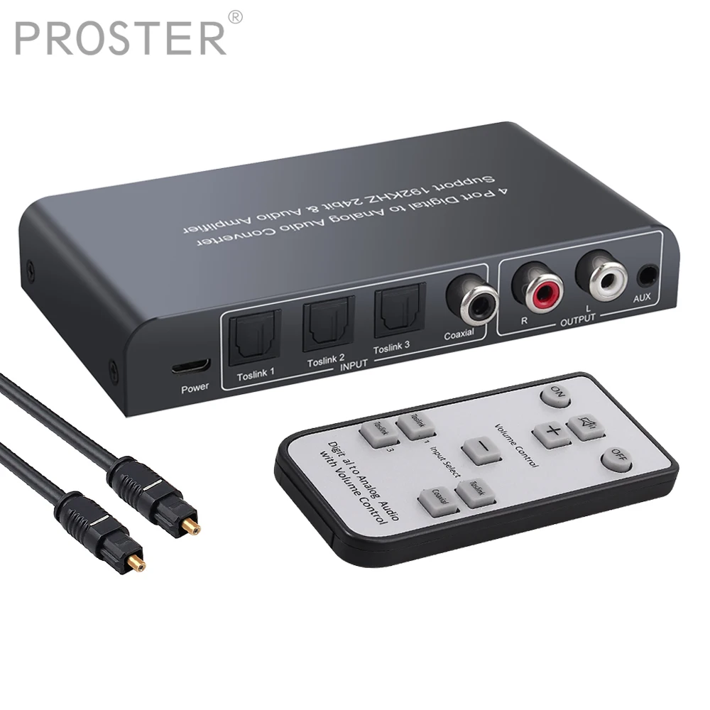 

Proster DAC Audio Converter Adapter 3 Optical SPDIF Toslink+1 Coaxial Switch to Stereo L/R RCA 3.5mm Volume Control IR Remote