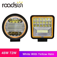 roadsun 48W 72W LED Bar White Light with Yellow Halo Led Work Lights for Tractors Off-road DRL Car SUV Trucks Fog Lamp 12V 24V 4 round rgb led fog lights drl angel eye halo ring bluetooth phone auto drl car light lamp for jeep wrangler off road suv