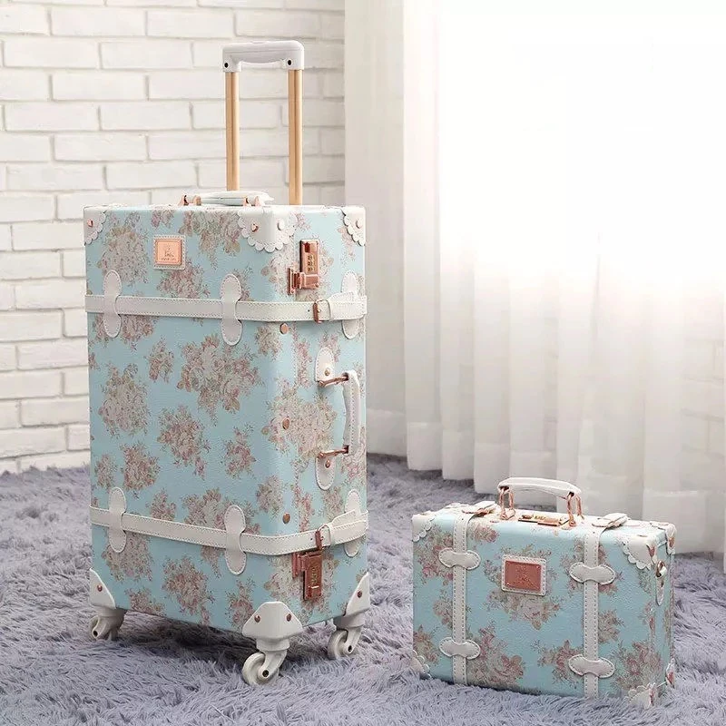 Popular Retro handmade set rolling luggage with cosmetic case girl cute travel trolley suitcase women fashion makeup luggage