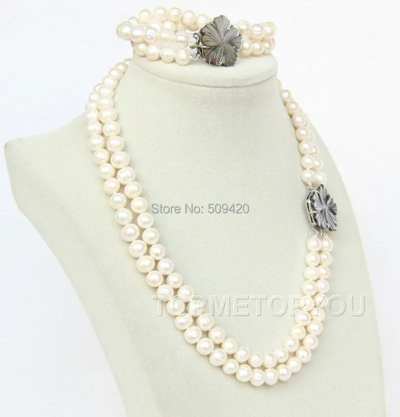 

Free Shipping>>>>18" 8" 2row round white 8-9mm FW pearls necklace bracelet set seashell clasp