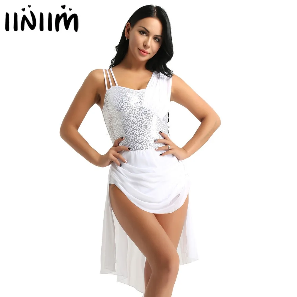 

Women Asymmetric Ballerina for Adult Spaghetti Straps Sleeveless Sequins Irregular Chiffon Ballet Dance Gymnastics Leotard Dress