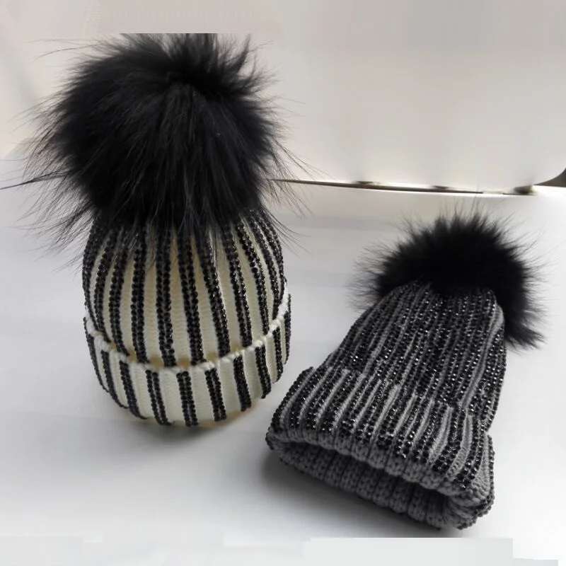 Зимние меховые шапки, толстые женские вязаные шапки, черные меховые шапки с помпонами в стиле ретро, вязаные шапки ручной работы со стразами