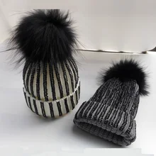 Зимние меховые шапки, толстые женские вязаные шапки, черные меховые шапки с помпонами в стиле ретро, вязаные шапки ручной работы со стразами