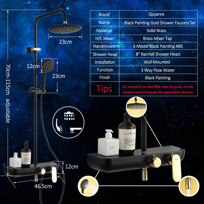 Quyanre черного и золотого цвета смеситель для душа набор осадков Насадки для душа 3-параметры модели: рост-душевая лейка с Поворотный носик в коем случае полка смеситель для душа