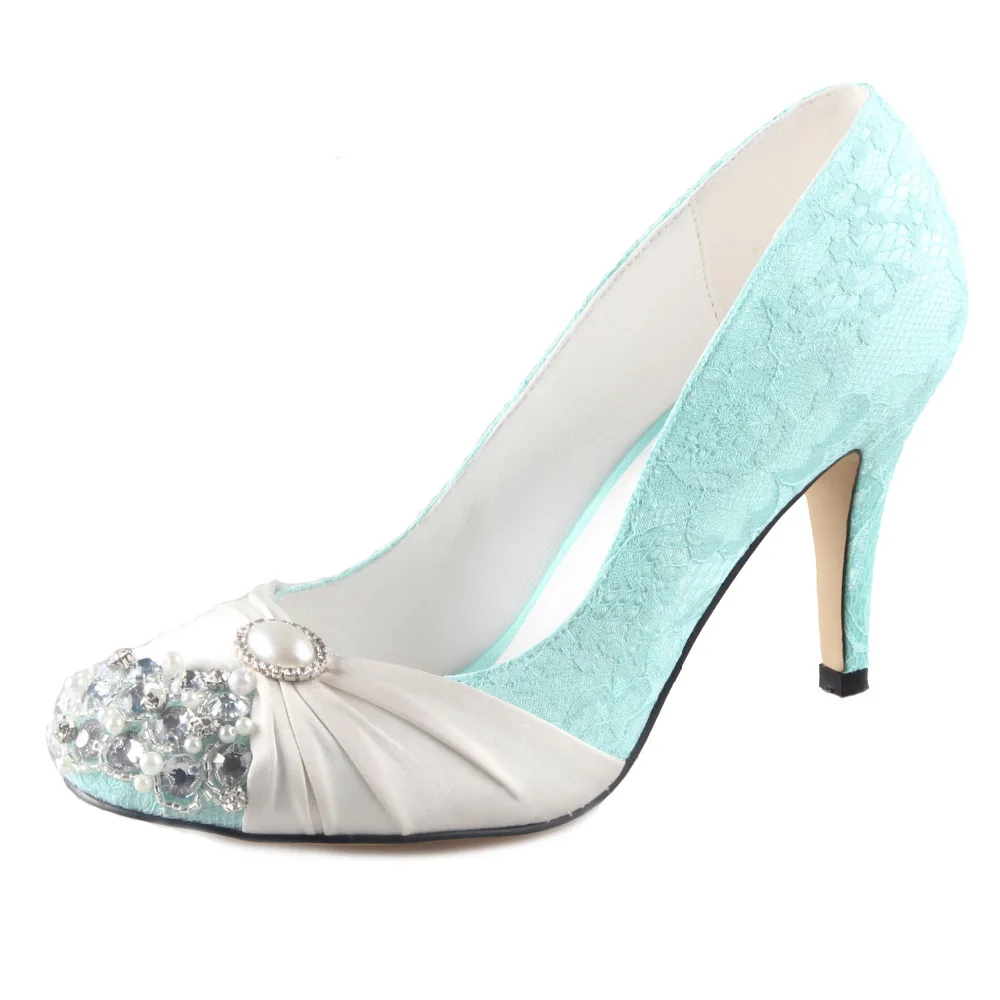 Handmade mint green lace shoes with ivory pearls rhinestone crystal