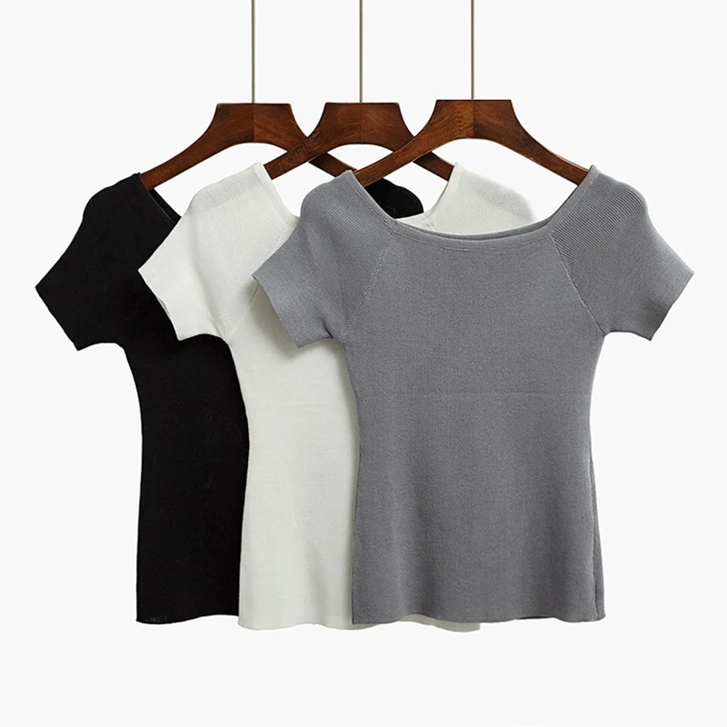 

Knitted Summer Women T Shirt Fashion Sexy Slash neck Short Sleeves Top High Elasticity Female Slim Tshirt