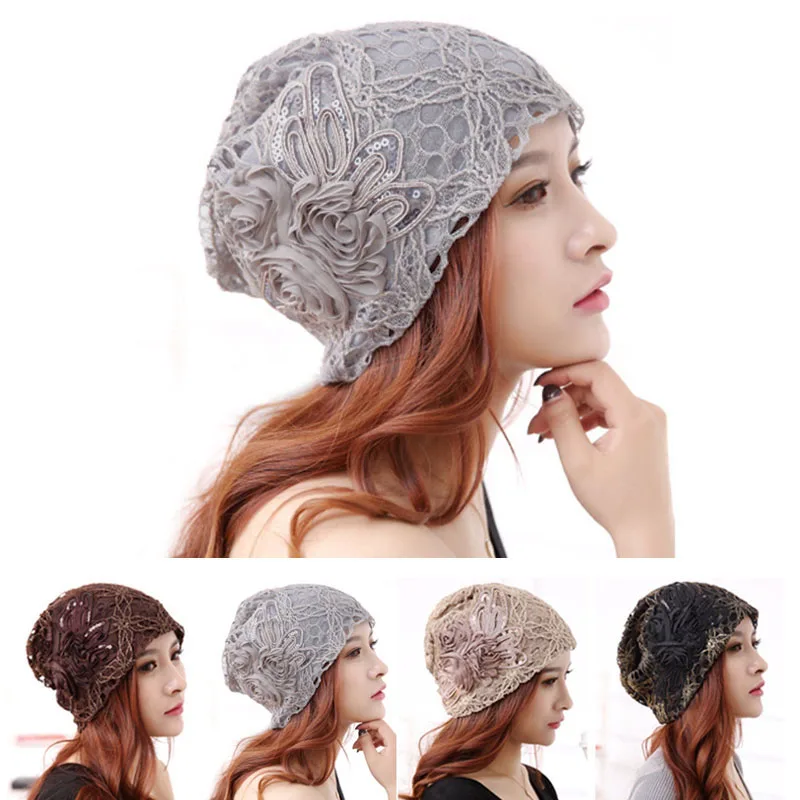Turban Hats For Women Fashion Lace Flower Knitted Sequin Butterfly Cap Beanies  Autumn Winter Ladies Female Casual Caps
