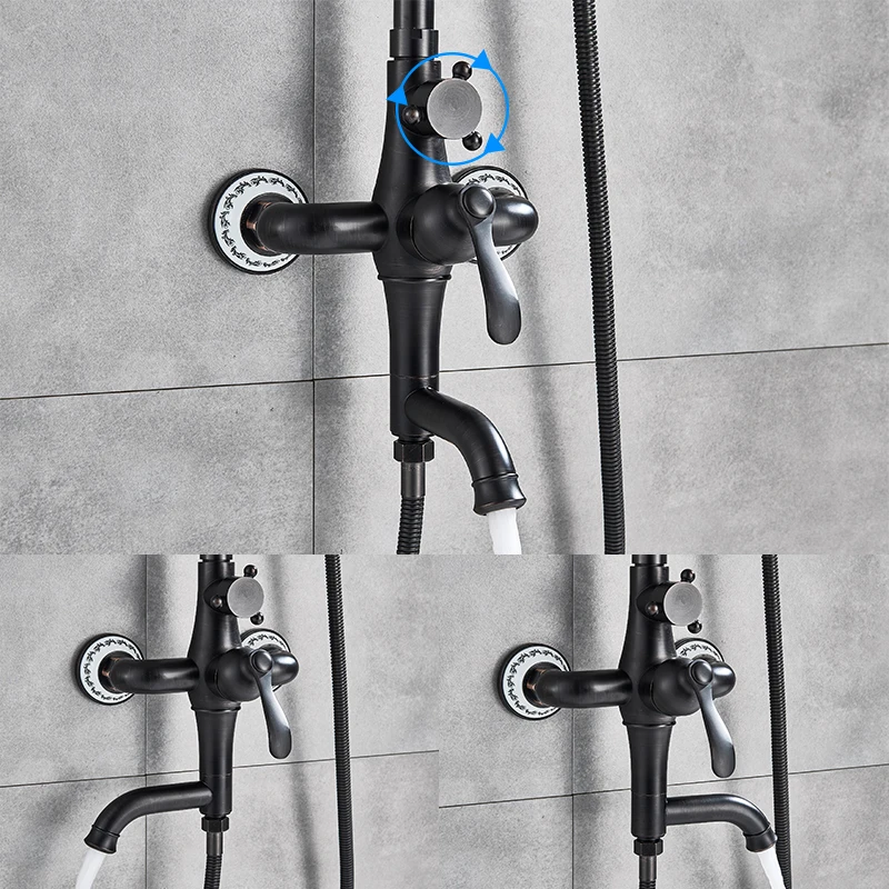 quyanre wanfan bronze black shower faucet set with creamic decoration rainfall shower head with swivel tub spout 3 way mixer tap bathroom shower faucet kit1