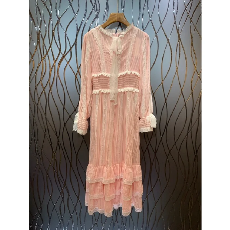 High Quality New Autumn Fashion Style Dress Women Bow Collar Ruffled Lace Patchwork Long Sleeve White Pink Black Dress Lux - Цвет: pink