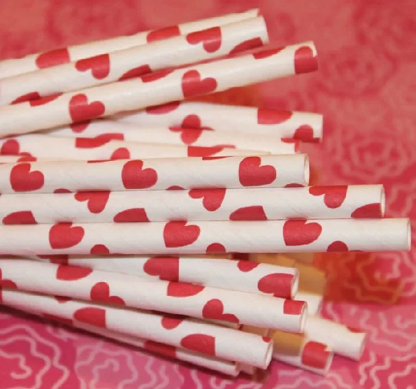 25pcs White Drinking Paper Straws With Big Red Heart Christmas Wedding Decoration |