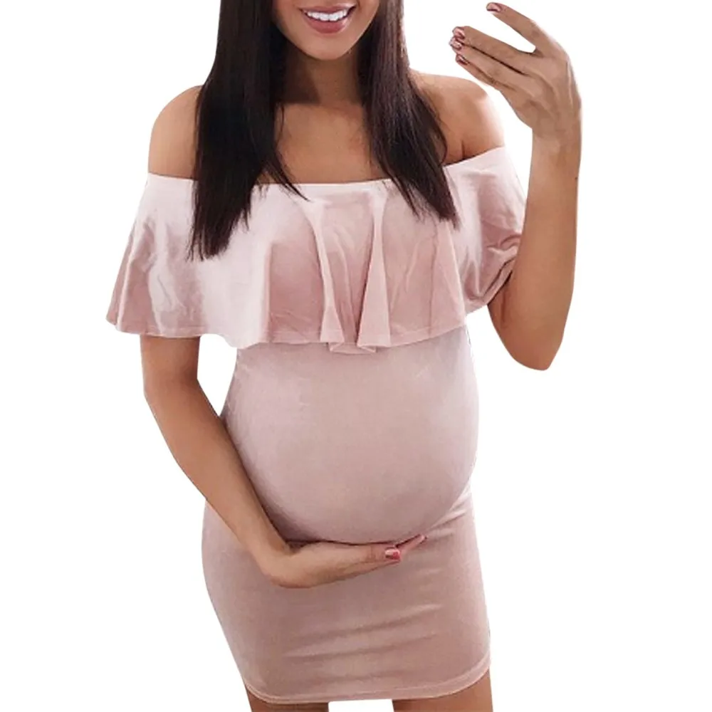 Уход за кожей/по беременности и родам Для женщин Мода для беременных Одежда Для женщин s беременных оборки, открытые плечи сплошной для кормящих матерей, платье# XTN