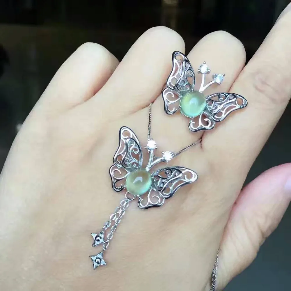 

Natural green prehnite gem jewelry sets natural gemstone Pendant ring 925 silver Elegant Hollow butterflies women gift jewelry