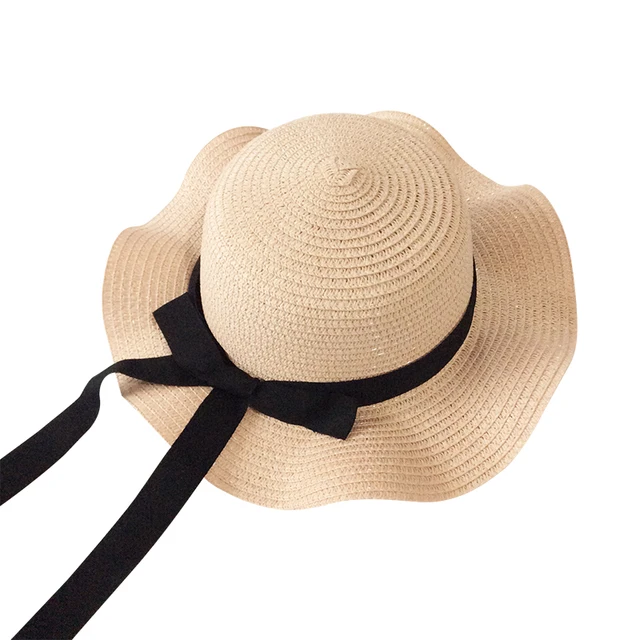 Girls Summer Cap Black Ribbon Decorate Wavy Straw Hat For Girls Children Panama Hat Kids Sun Cap Baby Beach Hats pink