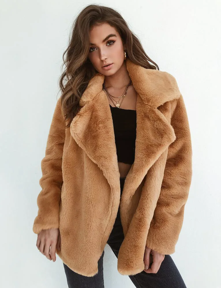 

Solid Slim Thin Faux Fur Coat Women Long Sleeve Turn-down Collar Warm Fur Autumn Winter Warm Soft Casual Open Stitch Fur Jacket