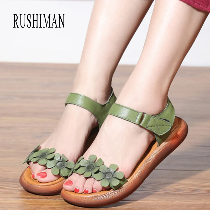RUSHIMAN 2018 Summer Summer New Original Vintage Real Leather Sandals With Peep-Toe Sandals Magic Sandals Eur Size 35-40 Women's Shoes