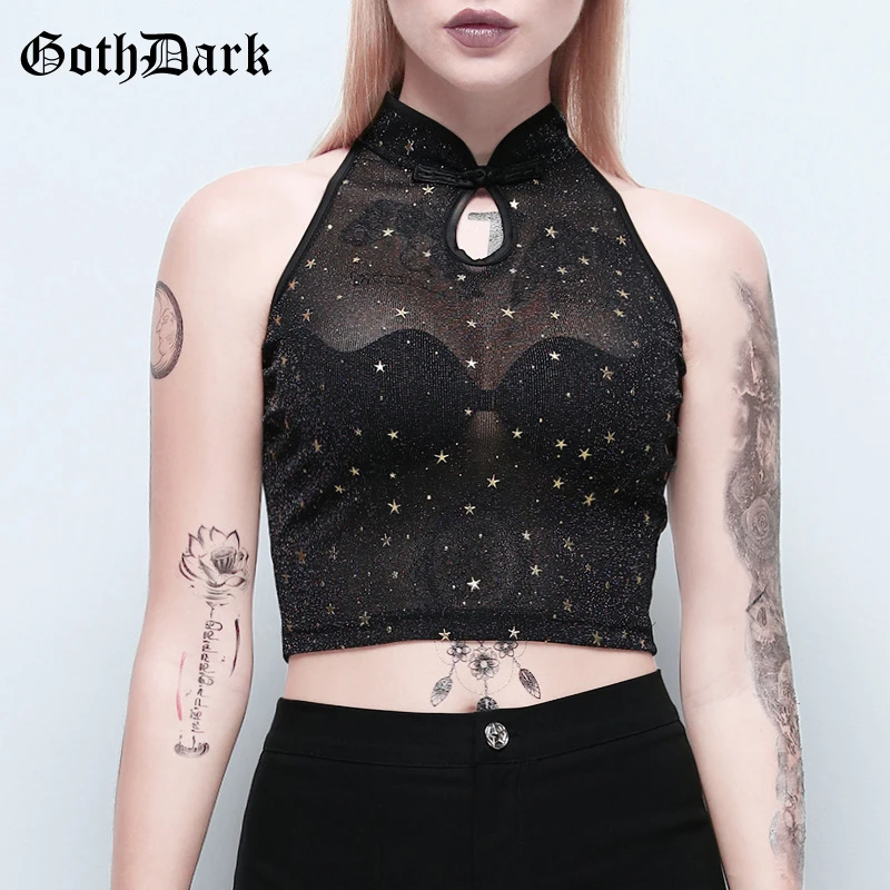 

Goth Dark Black Transparent Gothic Punk Crop Tops Sexy Print Mesh Hollow Out Tank Top Vintage Summer 2019 Fashion Patchwork