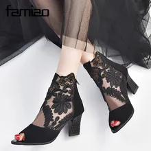 

FAMIAO summer peep toe sandals lace female boots high heel sexy sandalias mujer embroider gladiator sandals women big size