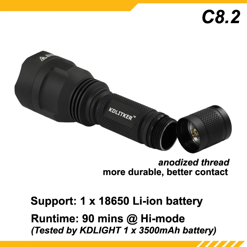 KDLITKER C8.2 Cree XP-L HI White 6500 K/нейтральный белый 5000 K/теплый белый 3000K 1100 люмен светодиодный фонарик-черный(1 х 18650