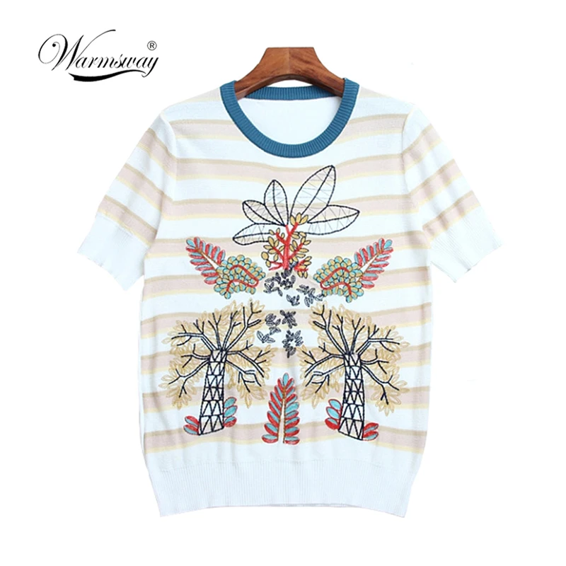 Warmsway Fashion Women T shirt Leaf Tree Embroidery Short Sleeves O-Neck Casual Pullover Top T-shirts 2018 Ladies Shirts  B-106