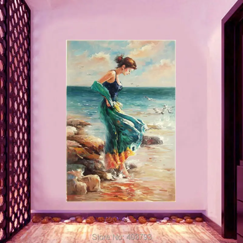 100% Handpainted Abstract Art Canvas Oil Painting Figure Woman Walking on Beach Home Decoration Unique Gift