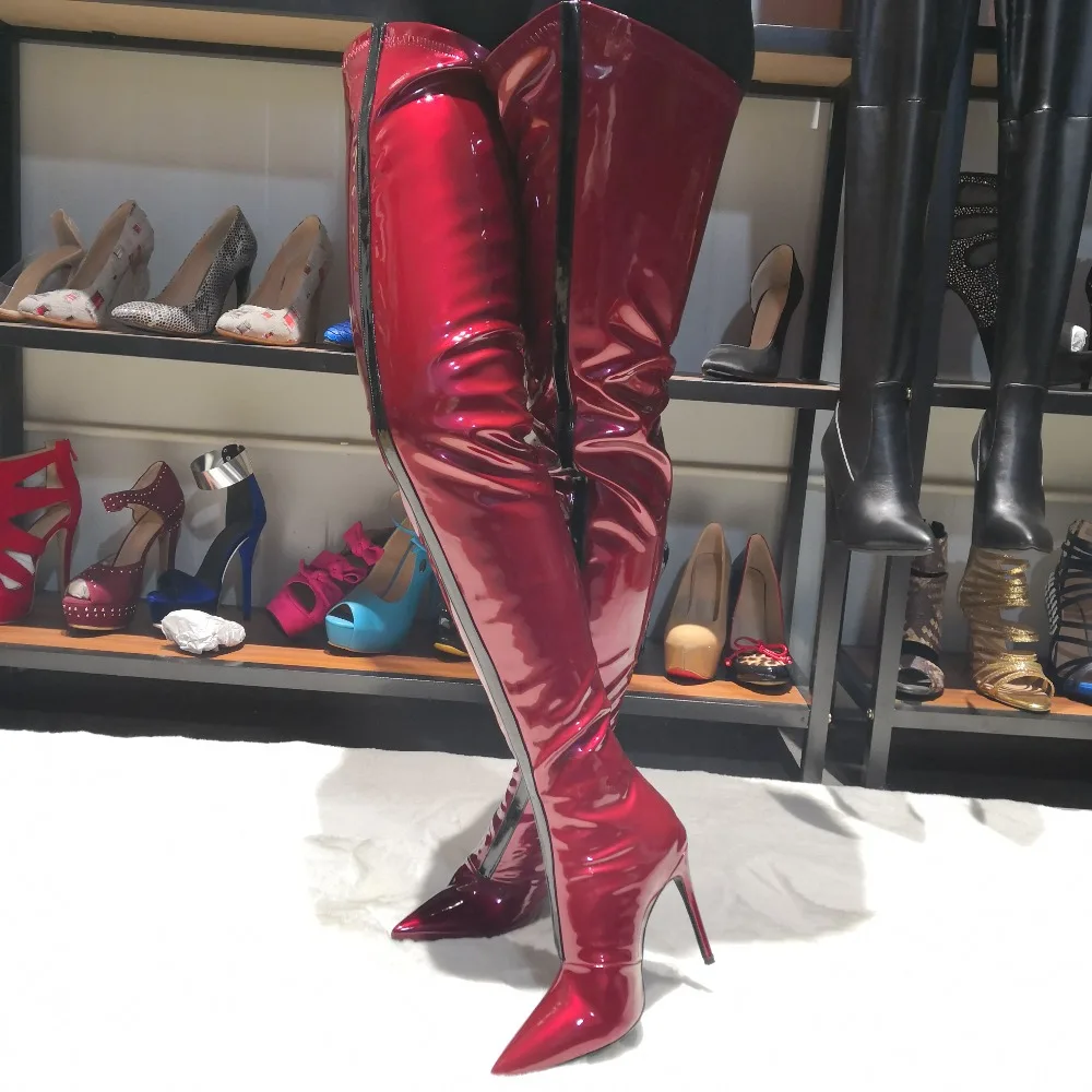 

Sexy Burgundy Patent Leather Over the Knee Boots Black Stripe Patchwork High Heels Thigh Boots Women Night Club Knight Boots